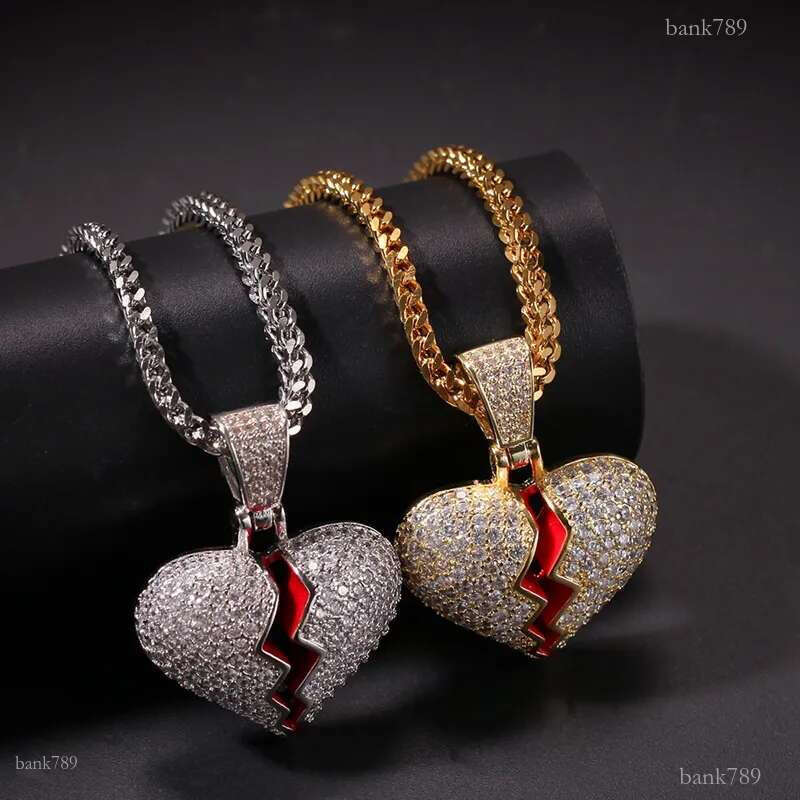 Iced Out Broken Heart Pendant Necklace For Mens Womens Fashion Hip Hop Gold Silver Necklaces Jewelry