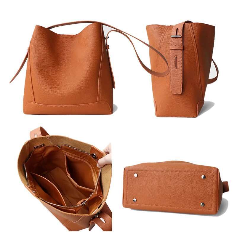 2024 New Women Female Shoulder Bags Lady Cowhide Genuine Leather Bucket Handbag Girl Messenger Crossbody Bag Tote
