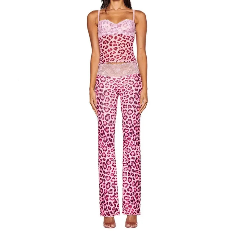 Pink Lace Patchwork Leopard Print Women Sexy Mesh 2 Piece Set Camisole Crop Tops Flare Pants Wild Club Party Matching Suits 250312