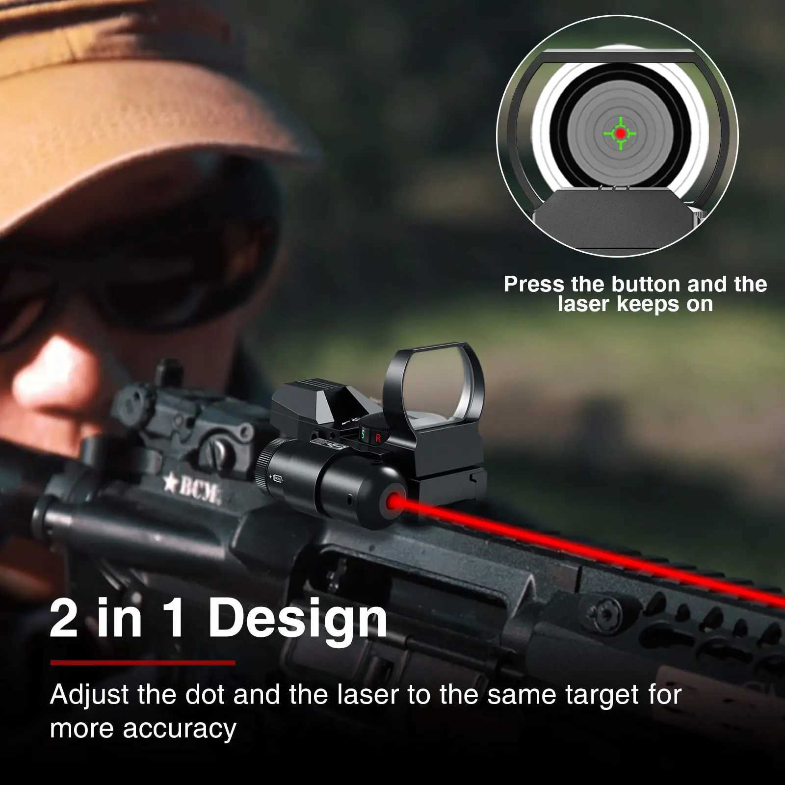 MidTen 1X22X33 Sight Red Dot Sight Red Green 4 Reticle Optics with laser and pressure pad switch suitable for 20mm rail X250317