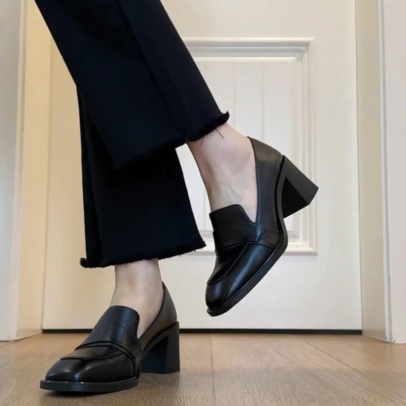 Vintage College Style Women Loafer Fashion Shallow Slip On Female Elegant Thick Heel Commuting Shoes 250317