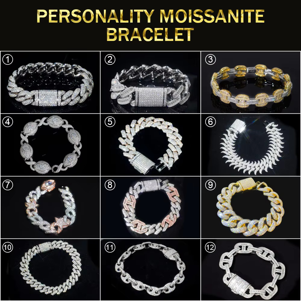Custom Vvs Iced Out Baguette Moissanite Diamond Cuban Link Chain Hip Hop Bracelet 14K Gold Silver Fine Jewelry Men 15mm