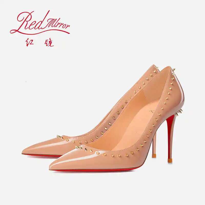 Women's elegant high heel shoes Red Shiny Bottom Heels For Women 2024 Naked color Rivet Pumps Sexy Pointed Toe women 44