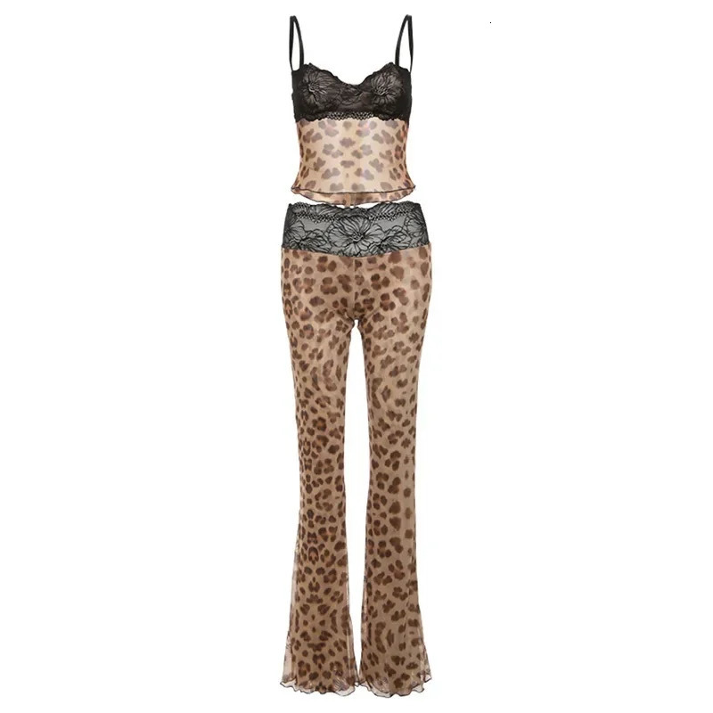 Pink Lace Patchwork Leopard Print Women Sexy Mesh 2 Piece Set Camisole Crop Tops Flare Pants Wild Club Party Matching Suits 250312