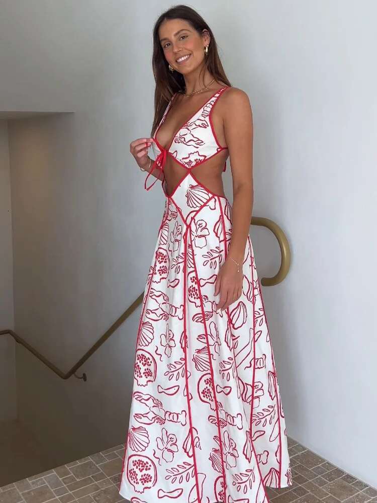 2025 new women's fashionable printed lace up slim fit designer dress with sexy hollow out backless sleeveless long skirt, new beach party robe5