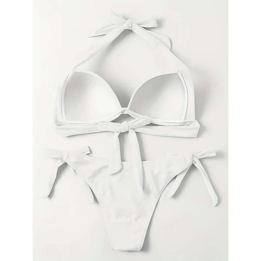 Chic White Bikini Set for Ladies - Vibrant Halter Swimsuit with Adjustable Straps and Secure Tie-Side Briefs