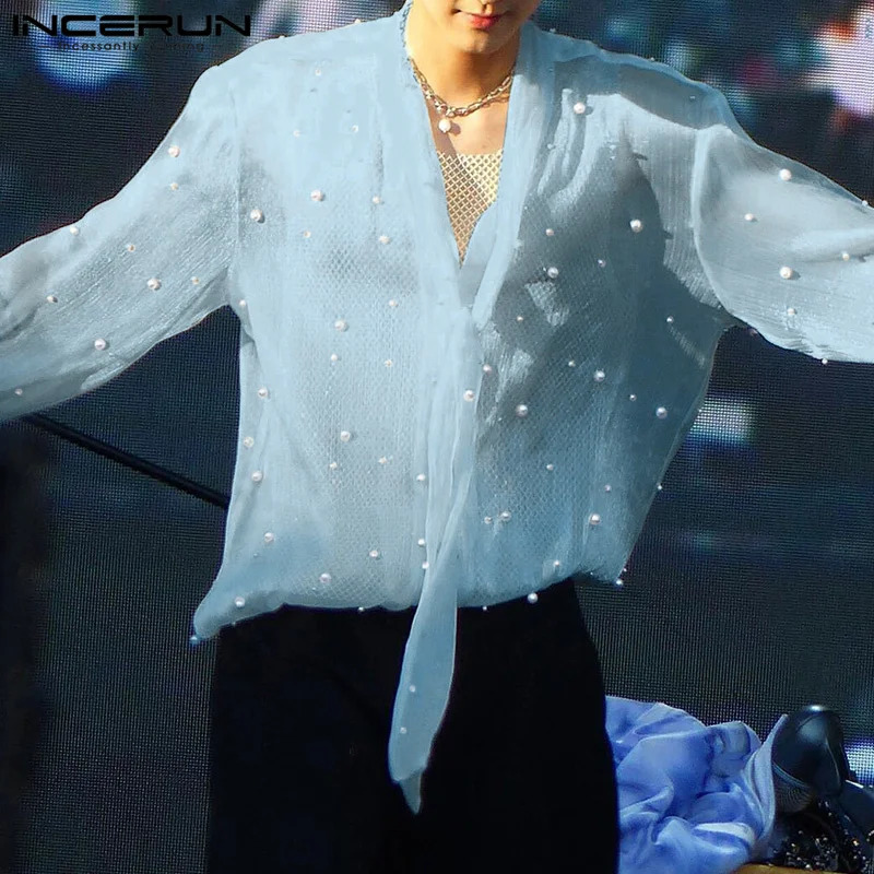 INCERUN Stylish Mens Top Transparent Fabric Pearl Decorative Shirt Casual Club Clothing Mens Selling Thin Long Sleeve Shirt 250313