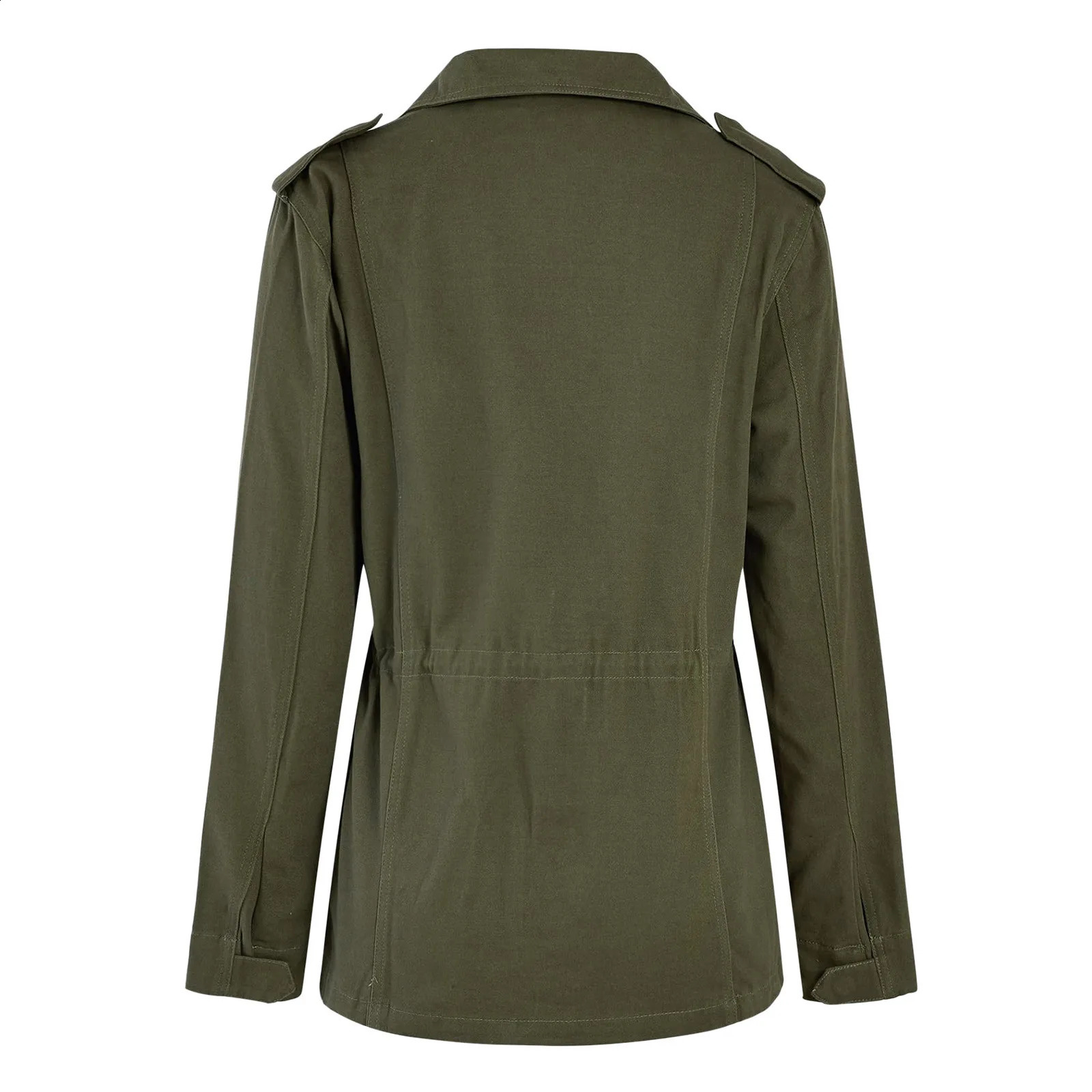Autumn Womens Waist Seasoning Jacket Retro Green Multi Pocket Collar Button Solid Color 250317