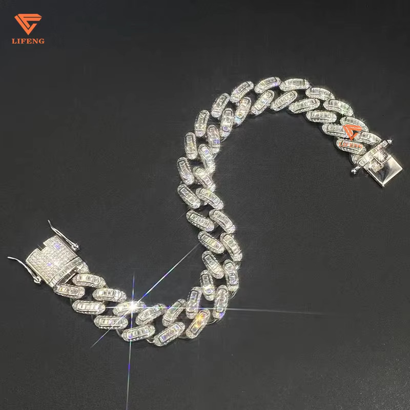 Fashion Jewelry White Gold Plated Charm Bracelet S925 Iced Out 14mm Baguette VVS Moissanite Hip Hop Cuban Chain Bracelet for Men