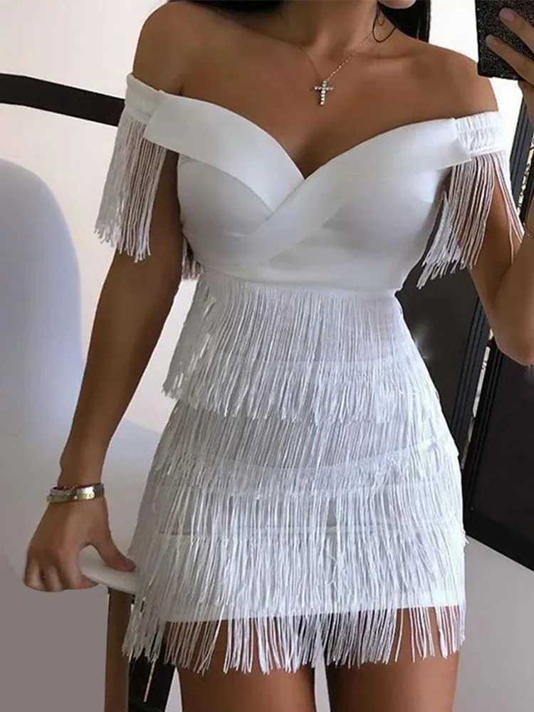 Sexy Sleeveless Bodycon Dress Women White Off Shoulder Tassel Female Short Dresses Summer Party Club Bandage M250304