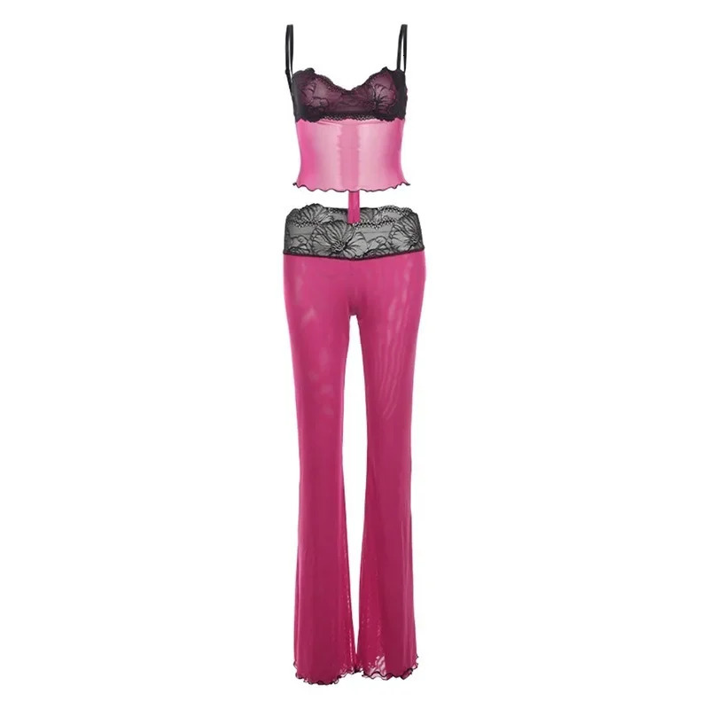 Pink Lace Patchwork Leopard Print Women Sexy Mesh 2 Piece Set Camisole Crop Tops Flare Pants Wild Club Party Matching Suits 250312