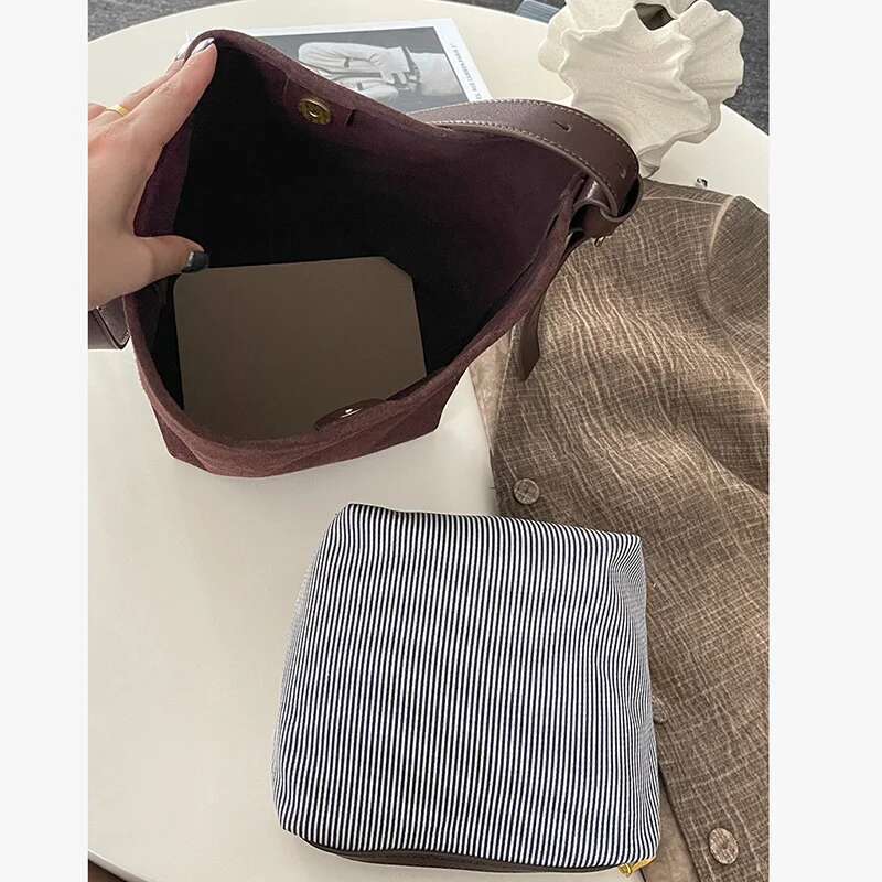 2024 Newest Women Suede Female Frosted Cowhide Split Leather Bucket Shoulder Bag Lady 2Pcs Set Crossbody Messenger Wholesale