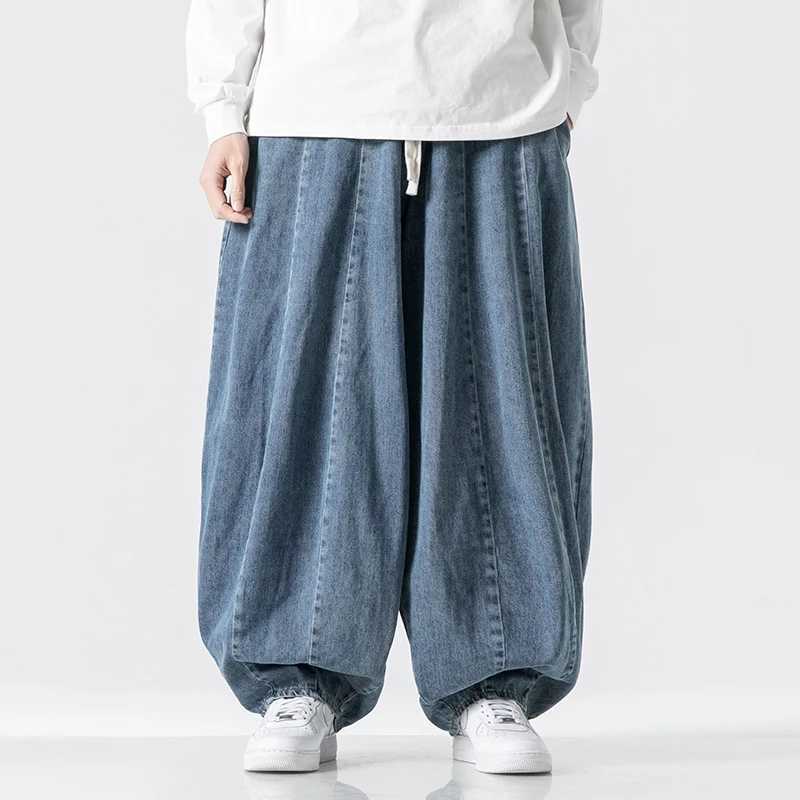 Vintage Loose Harem Pants Men Hip Hop Denim Wide Leg Pants Mens Solid Color Straight Streetwear Jeans Elastic Waist Trousers Man M250610
