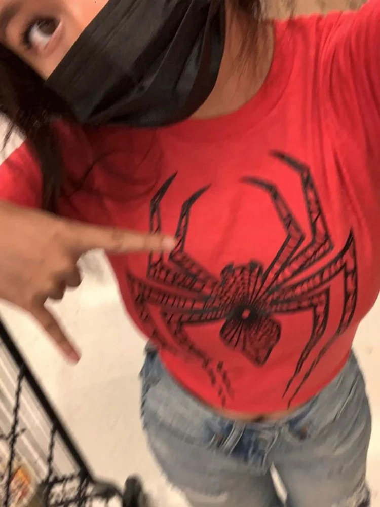 Spider Print Graphic Women Baby Tee Streetwear Vintage Letter Crop Summer Casual Trash Basic Goth Slim Short Sleeve T-Shirt emo 250317