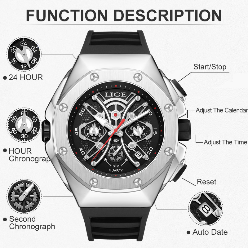 LIGE Fashion Hollow Watches Mens Business Watch Male Casual Skeleton Quartz WristWatch for Men Luminous Auto Date Silicone Strap