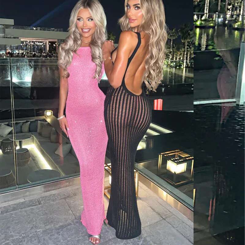 2025 new sexy style knitted breathable beach cover, hollowed out leak designer waist long vacation sun protection vest dress4