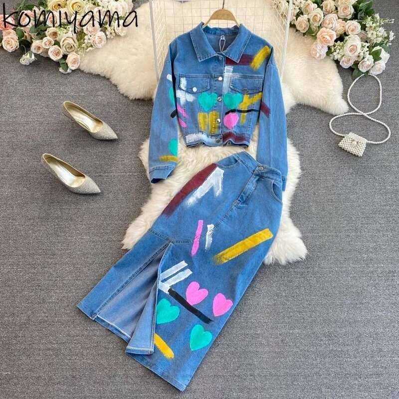 2025 New Graffiti 2-piece Set Women's Collar Long Sleeve Coat High Waist Hip Designer Split Skirt 2025 Autumn New Set5