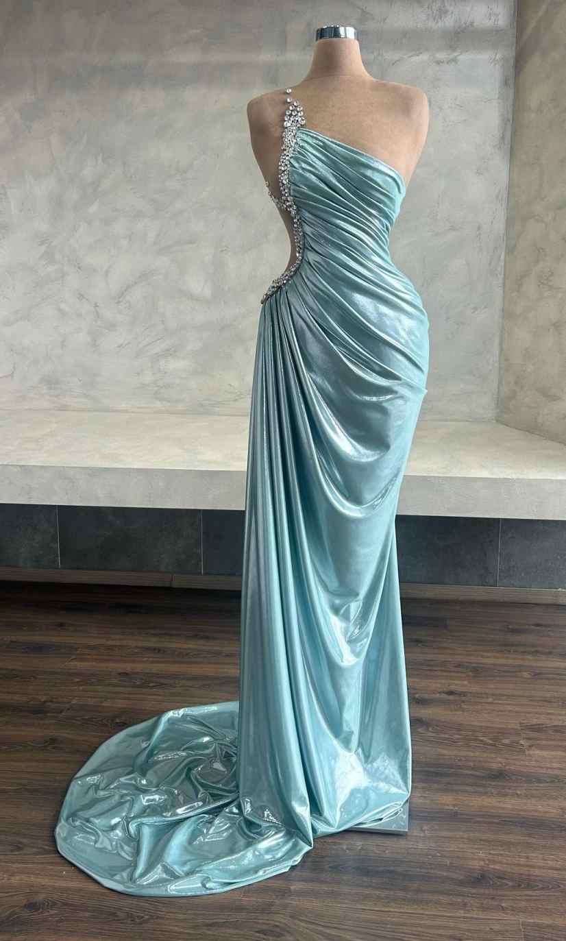 Classic Evening Dresses For Women One Shoulder Sheer Neck Sleeveless Gown Crystal Ruffles Sweep Train Party Customized Dress