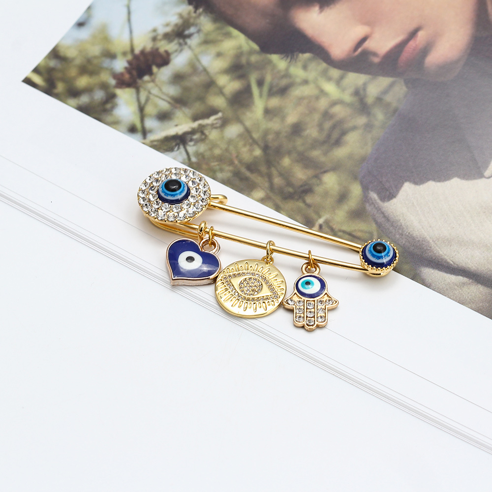 Lucky Eye Heart Fatima Hamsa Hand Blue Turkish Evil Eye Charm Brooch Pin Gold Silver Color Brooch for Women Girls Jewelry BE218