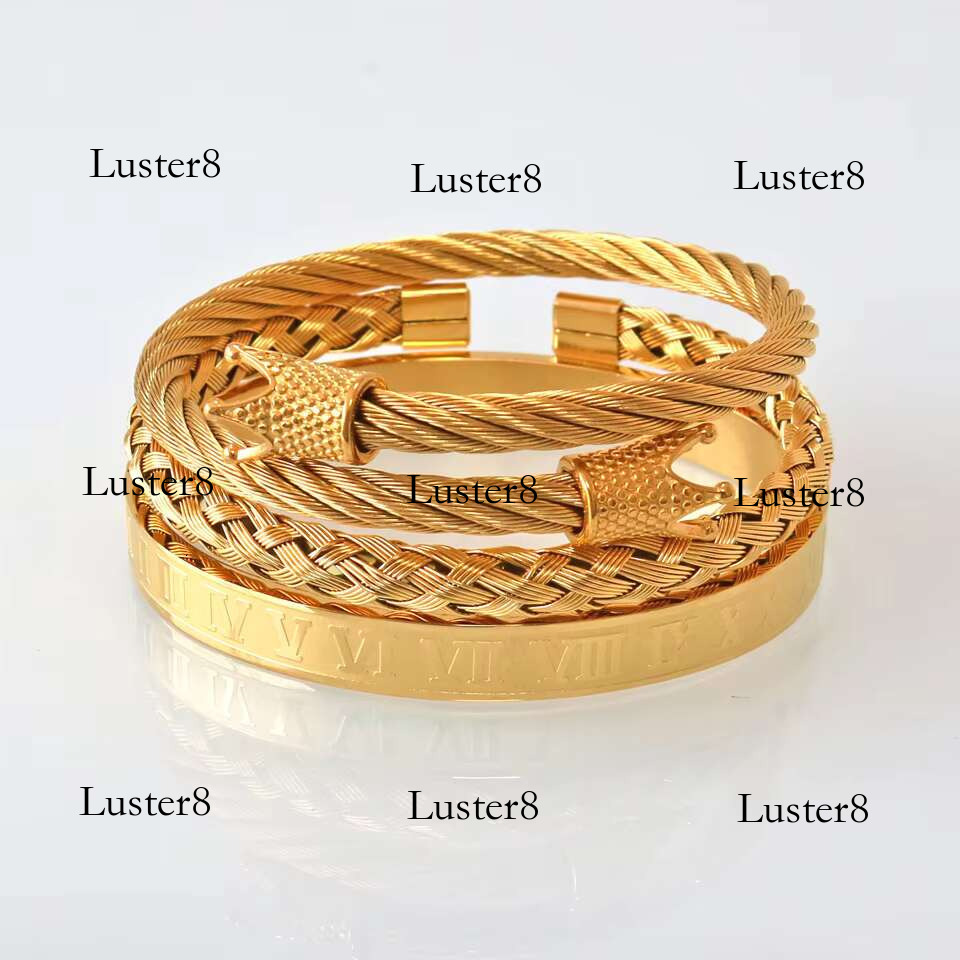 European Jewelry Punk Hip Hop 3Pcs/Set Gold Plated Stainless Steel Royal Crown Screw Bangle Bracelet Set Men