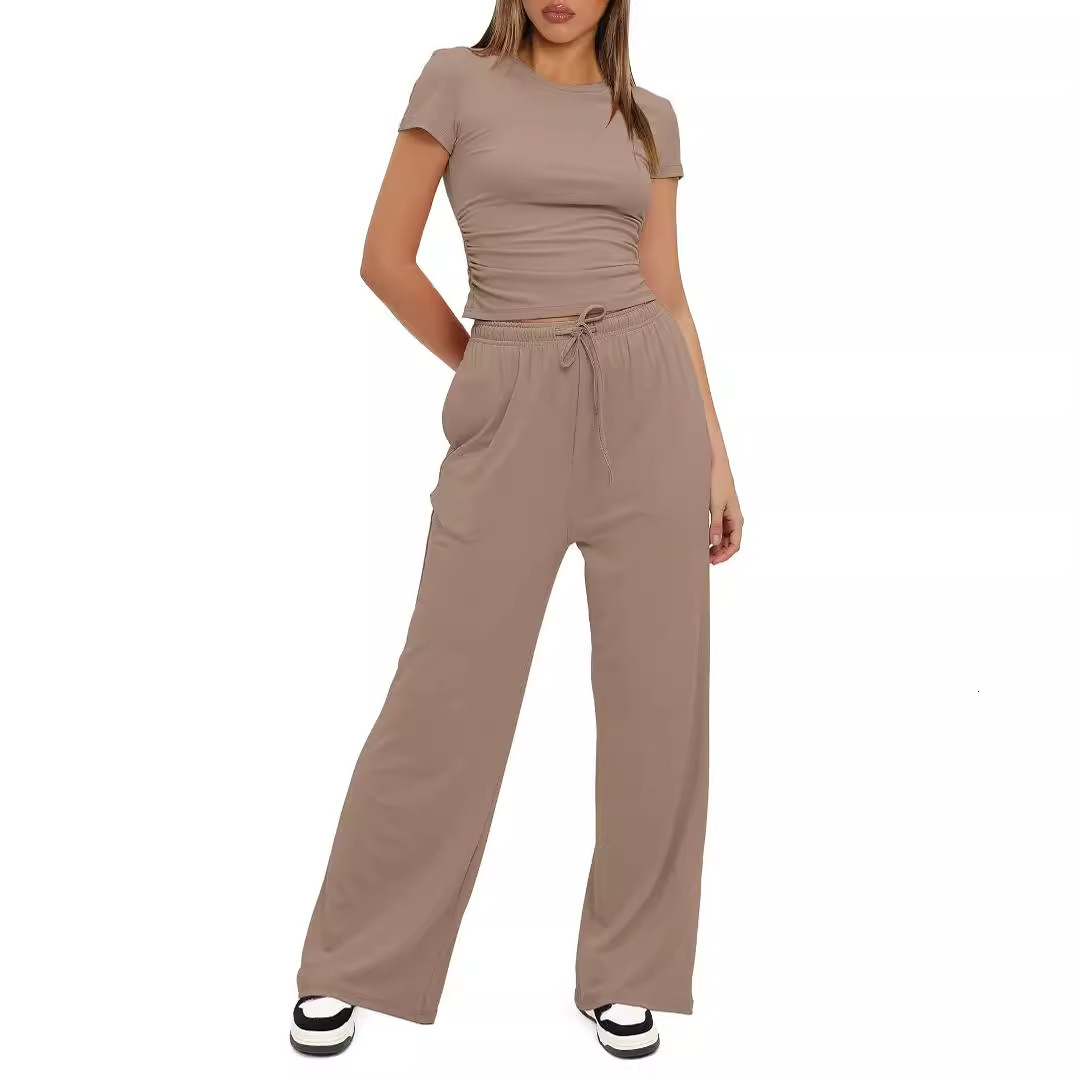 New Solid Color Casual Set Pleated Short Sleeve T-shirt Two Piece Top High Waist Wide Leg Pants Sportswear