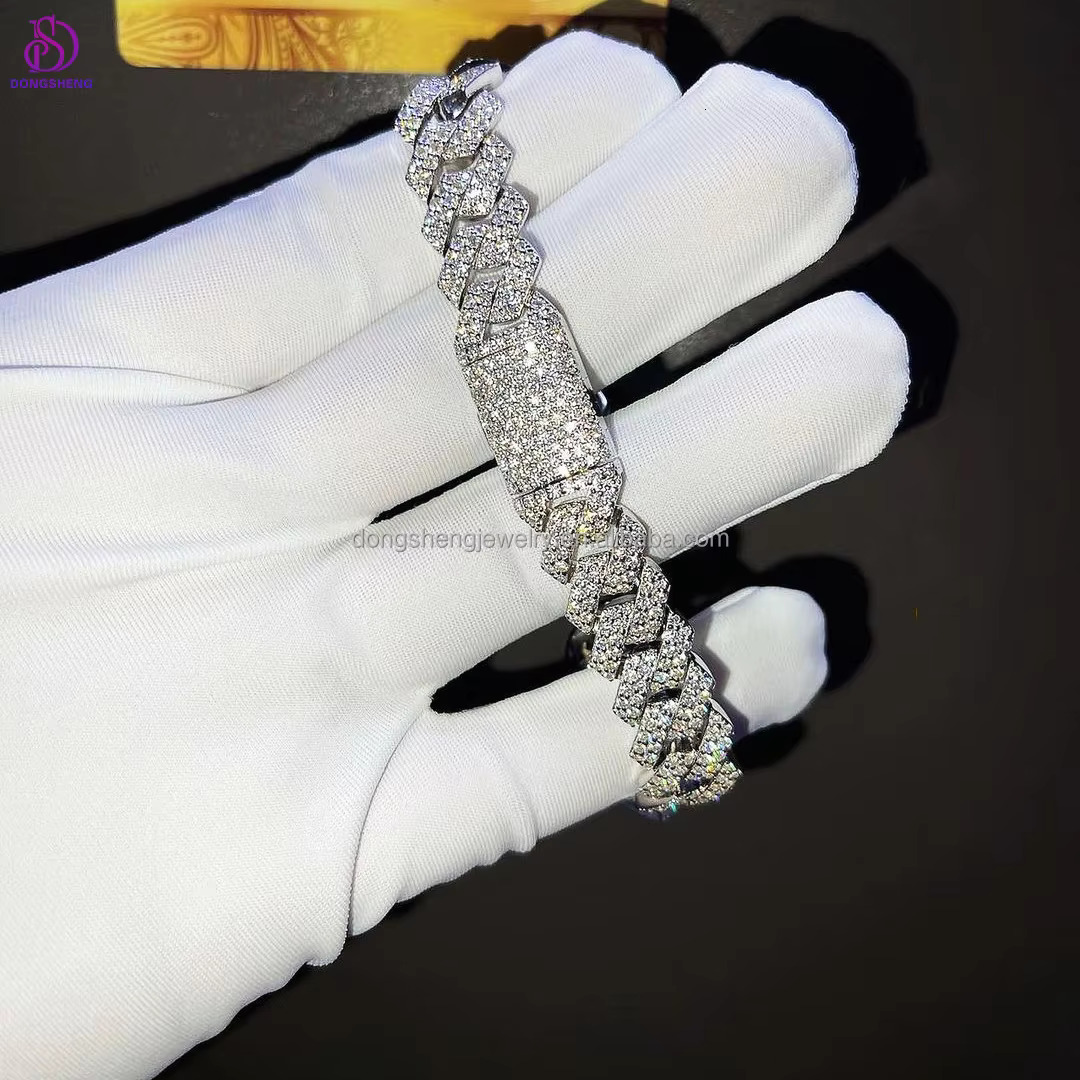 Wide Diamond Hip Hop Fashion Jewelry Iced Out VVS Moissanite Cuban Bracelet for Men and Women 12mm 13mm 14mm Silver Customize C5