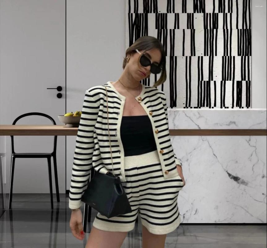 Womens Tracksuits 2025 Fashion Casual Sweater Cardigan Fast Sale Stripe Round Neck Knit Shorts Set Summer Clothing