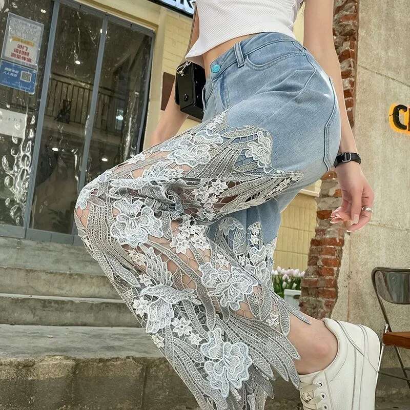 2025 new women's straight leg pants with transparent designer women's jeans lace coarse fabric spring pants retro pants