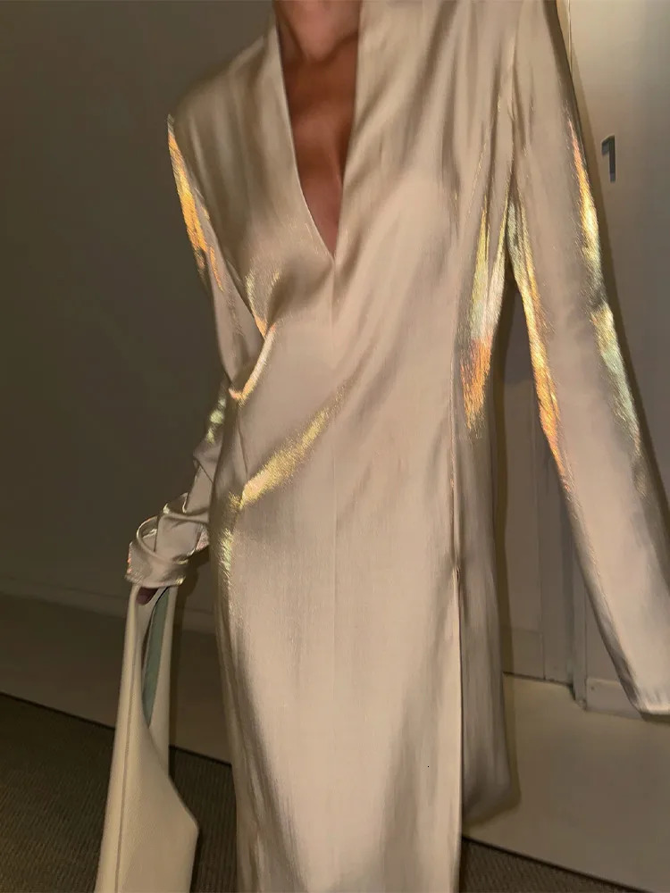 Casual Loose Laser Satin Sparkling V Neck Split Maxi Dres Long Sleeves Shinny Vestidos 2025 Female Holiday Party Dresses 250314
