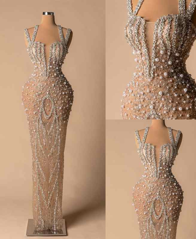 Evening Dresses For Women Spaghetti Strap Sleeveless Gown Sequins Pearls Crystal See Through Sweep Train Party Customized Dress