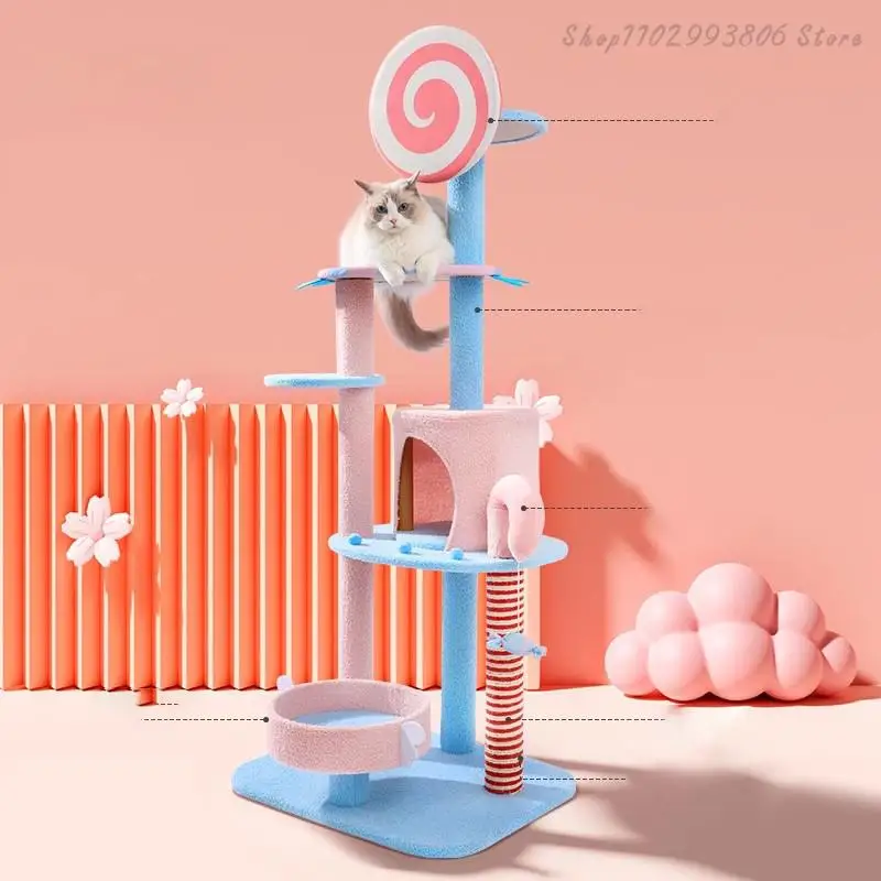 Plush stair-style cat tree with integrated cat bed, all-in-one pet furniture & toy, suitable for all pets.