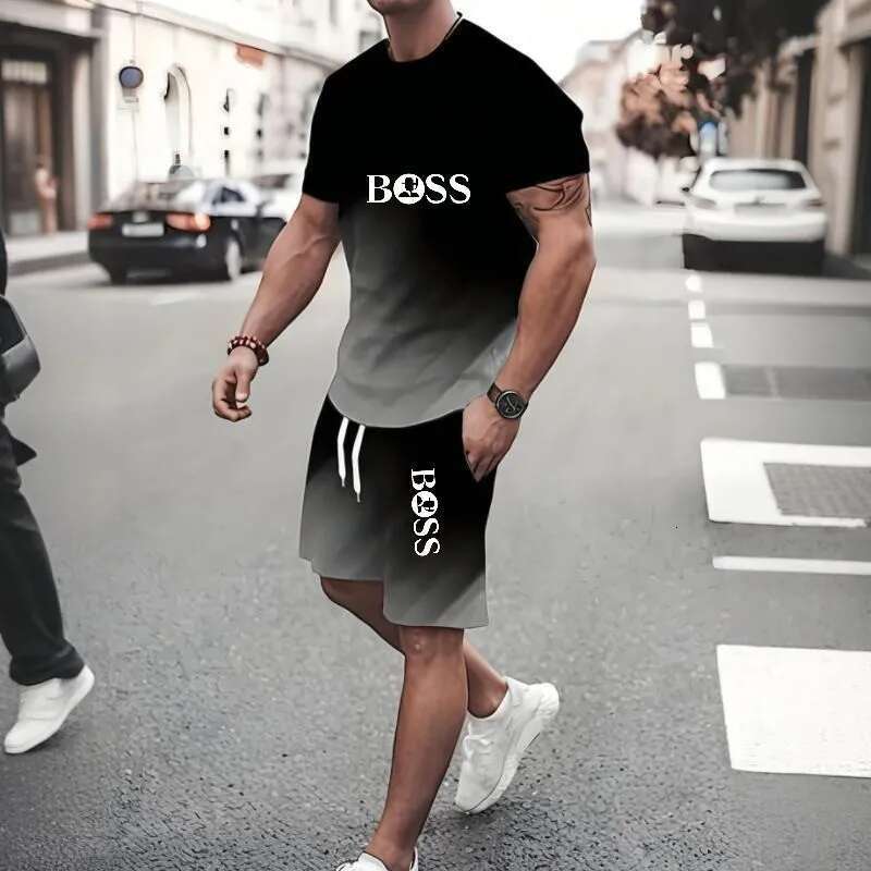Men's two-piece sportswear, T-shirt and short sleeved pants set, running and fitness sportswear, summer 2025, European plus size