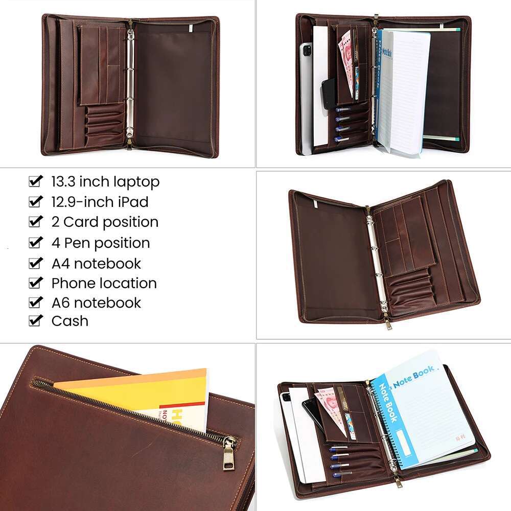 JOYIR Crazy Horse Leather Portfolio Case Men Women Multi Pocket Padfolio Cover Bussiness Document A4 Organizer Tablet Holder