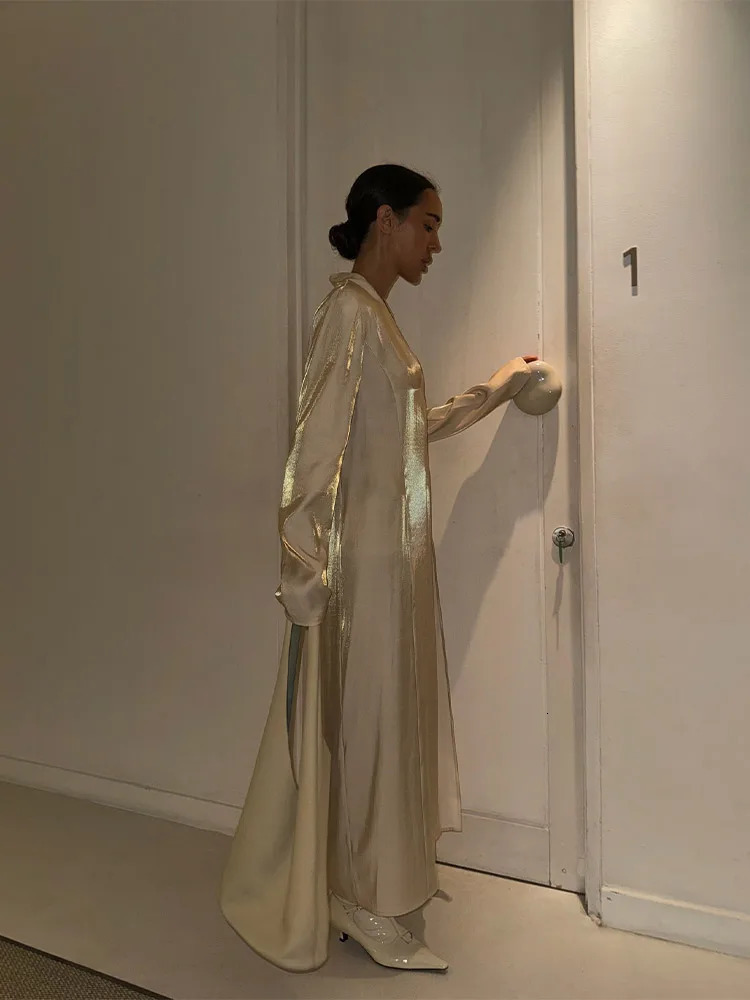 Casual Loose Laser Satin Sparkling V Neck Split Maxi Dres Long Sleeves Shinny Vestidos 2025 Female Holiday Party Dresses 250314