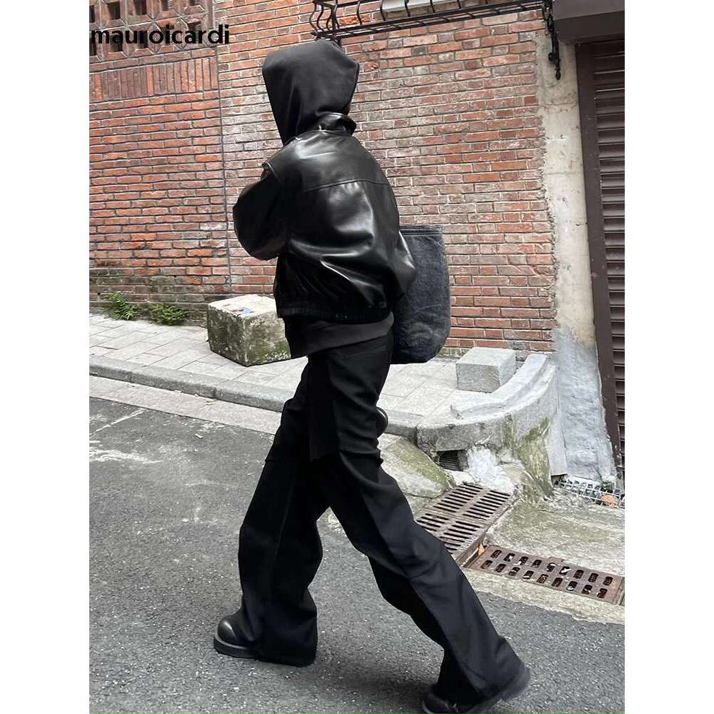 Men's Mauroicardi Spring Autumn Cool Oversized Short Black Soft Pu Leather Jacket Men Zipper Designer American Vintage Clothes 250526