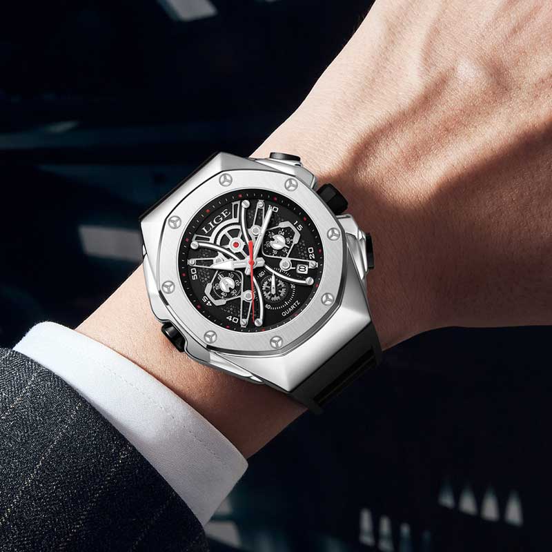 LIGE Fashion Hollow Watches Mens Business Watch Male Casual Skeleton Quartz WristWatch for Men Luminous Auto Date Silicone Strap