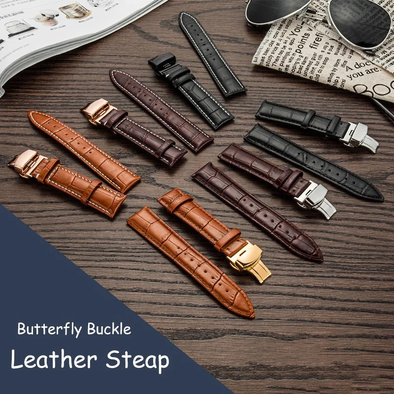 Genuine Leather Watch Strap 12 13 14 16 17 18 19 20 21 22 24mm Universal Belt Bracelet with Box Butterfly Buckle Band Wristband 250304