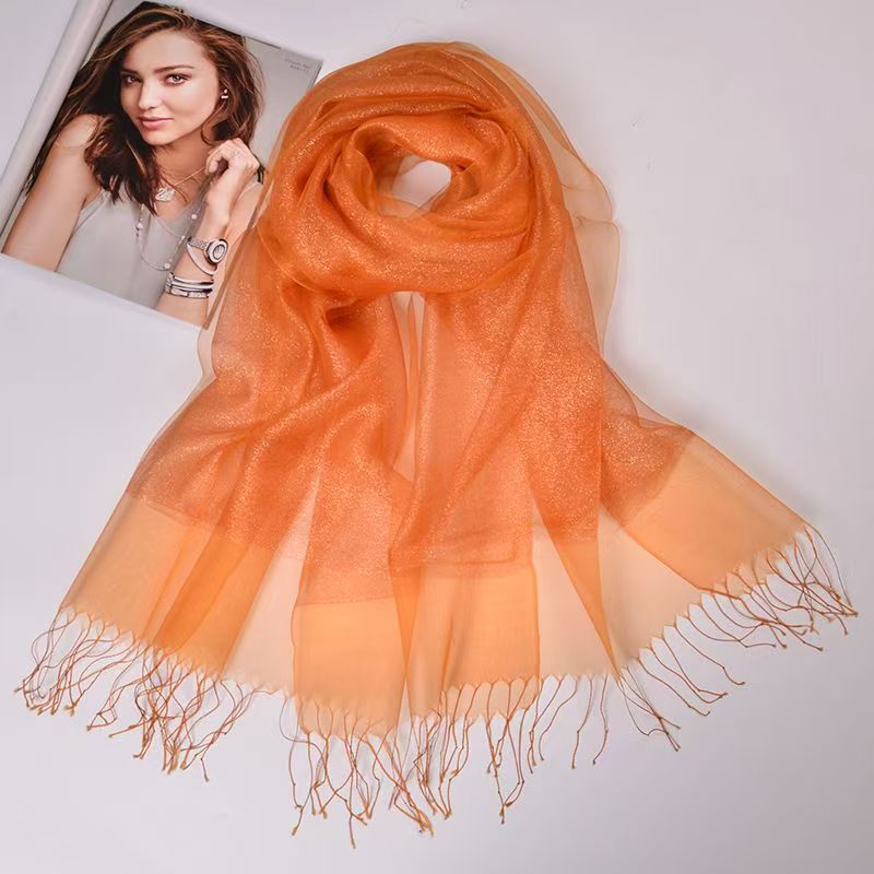 T300 Spring and Summer Silk Scarf Shawl Double-layer Contrast Gold Tassel Silk Organza Beach Scarf