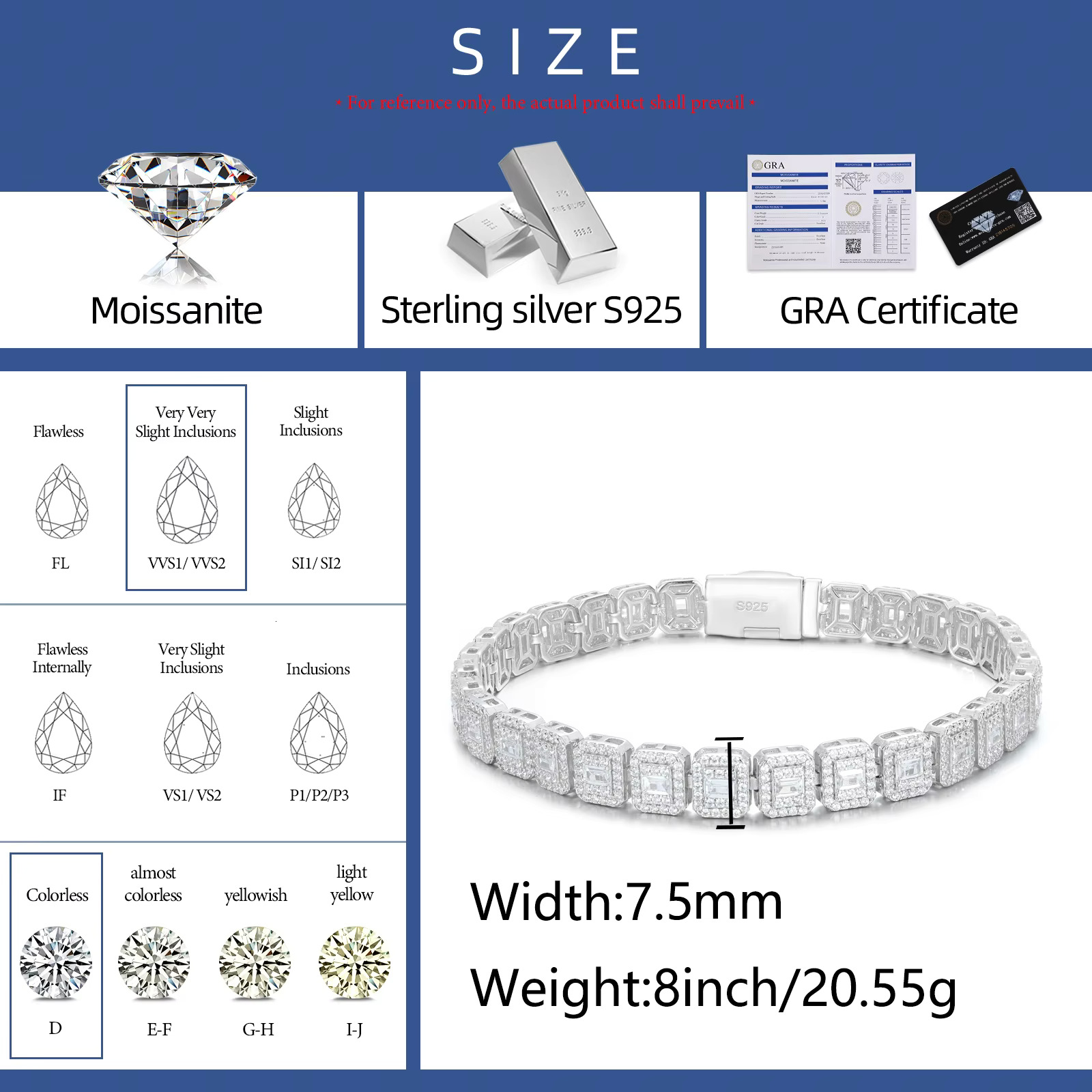 Hip Hop Jewelry 7.5mm White Gold 925 Silver Cluster VVS Baguette Moissanite Diamond Ice Out Tennis Bracelet for Men Women