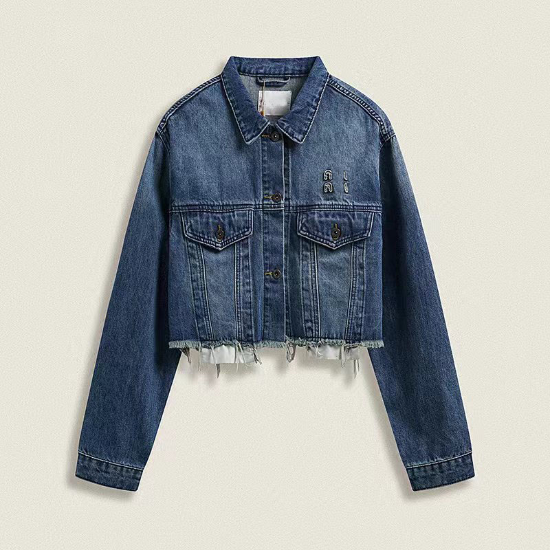 Embroidered Letter Women Denim Jacket Black Single Breasted Long Sleeve Short Jacket Cropped Street Style Jeans Coats