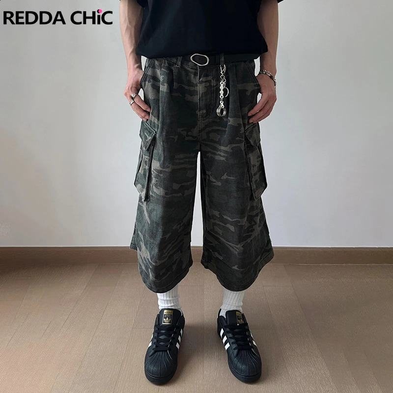 REDDACHIC vintage camouflage cargo denim shorts mens washed pleated high rise multi pocket jeans Jorts Harajuku streetwear 250314