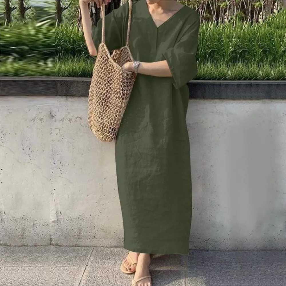 Short sleeved V-neck womens solid color casual cotton linen dress suitable for womens summer loose long skirts elegant womens clothing M250304