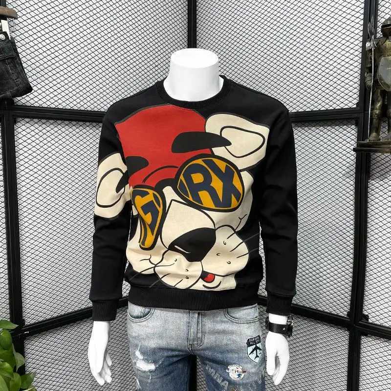 Autumn and winter mens fashion trends interesting cartoon printed wool sportswear Y2K casual streetwear round neck long sleeved loose floral hooded sw