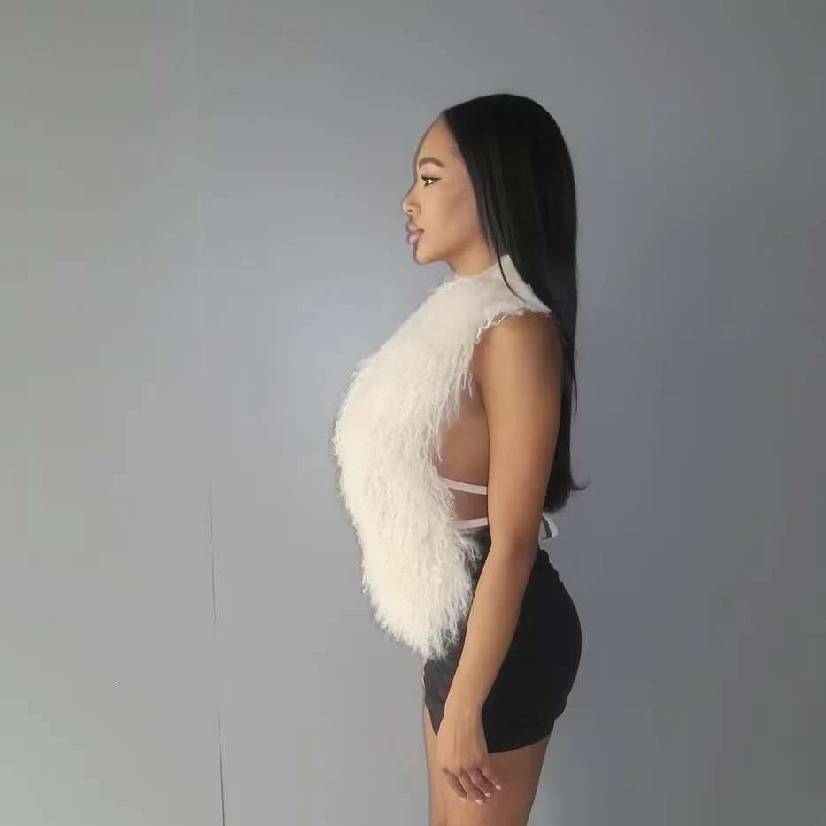 Sexy Mongolian Fur Backless Lacing Vest Waistcoat Woman Fluffy Halter Crop Top High Street Nightclub Cardigan Outfits