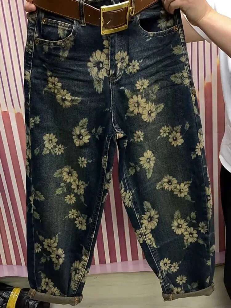 2025 New Printed Denim Pants Large Loose High Waist Retro Casual Pants Designer Women's Korean Jeans Pants No Print5