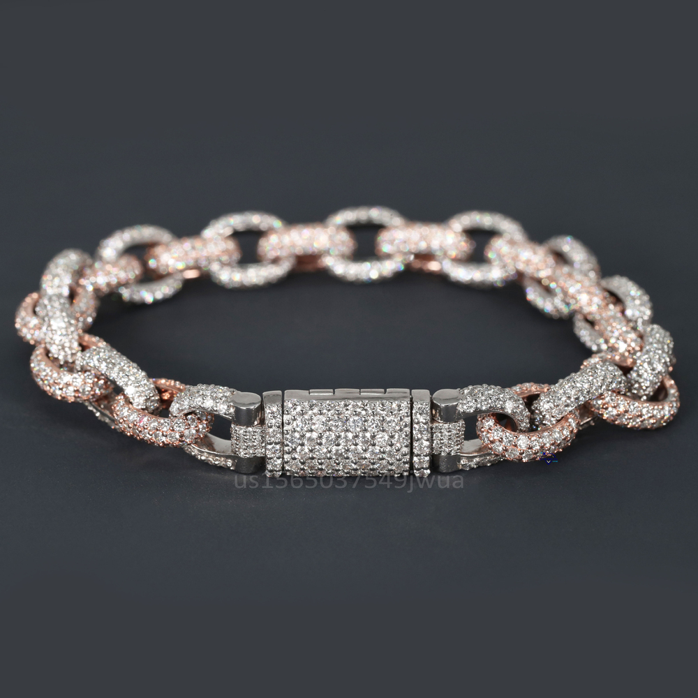 Hip Hop Moissanite Diamond Link Chain Bracelet in 14kt Rose and White Gold with VVS Clarity New Trendy Jewelry for Men
