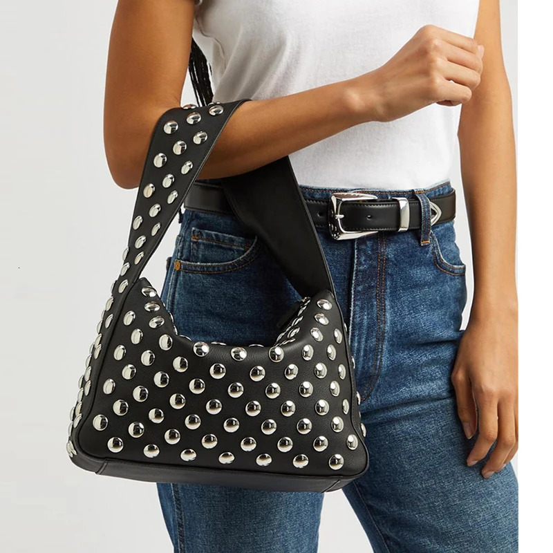 Moto Biker Rivet Decorate Black Bags For Women er Handbag Purses Fashion Underarm Wide Shoulder Straps 250313