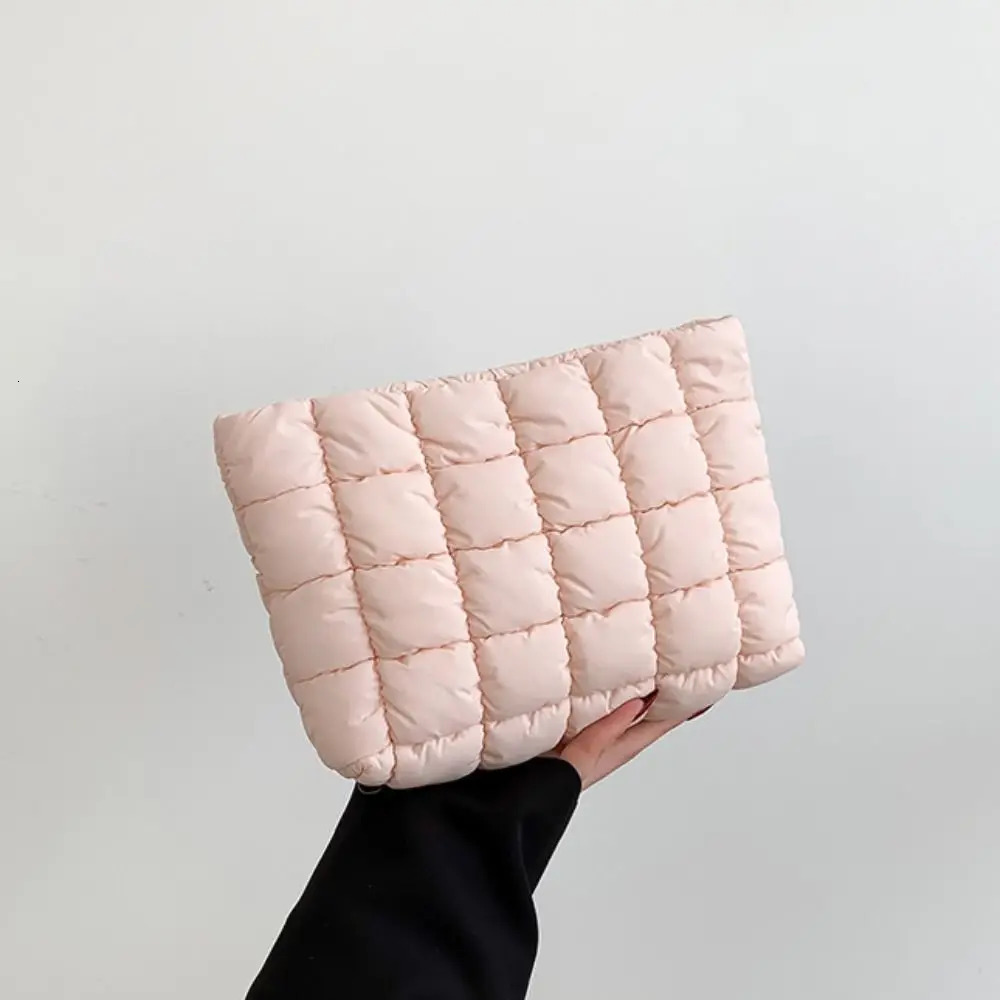 Fashion Puffy Quilted Padded Makeup Zipper Handbag Cotton Clutch Solid Color Storage Cosmetic Bag Lady