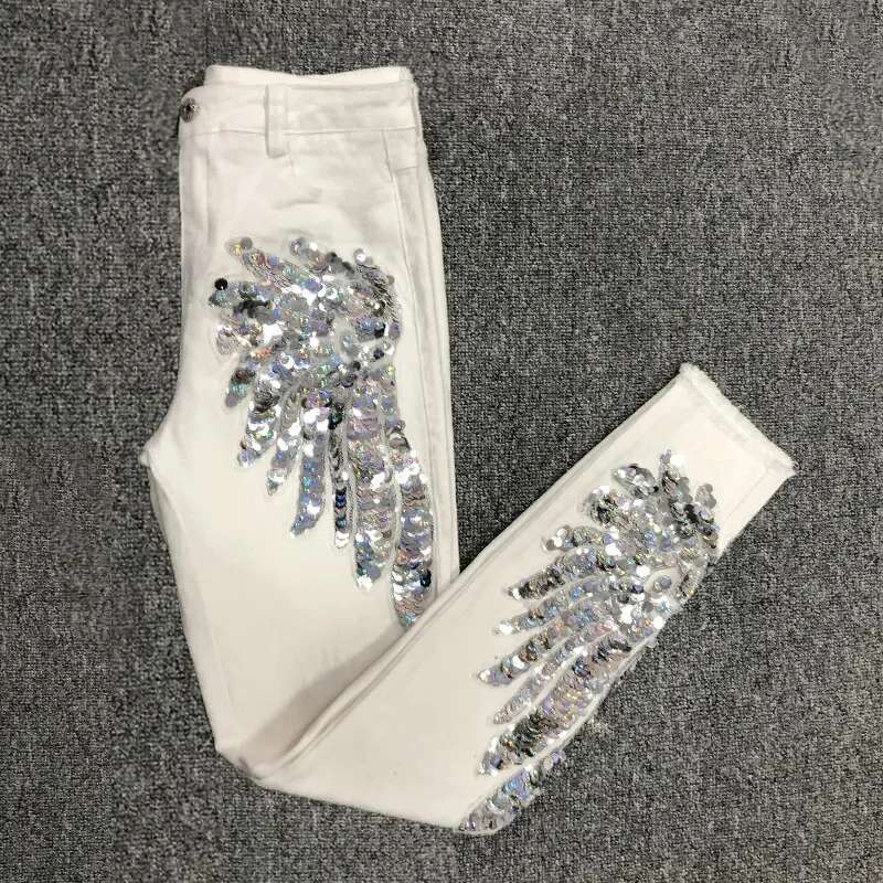 White sequined Phoenix denim 2025 new Korean slim fit elastic pencil tight jeans designer women's ankle length pants5