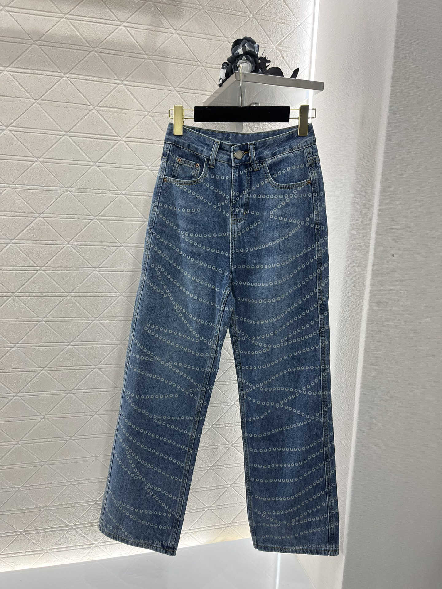 Vintage Chain Printed jeans womens designer fashion letter logo high waisted Buttons Wide-legged trousers with Pockets Breathable Denim long trouser